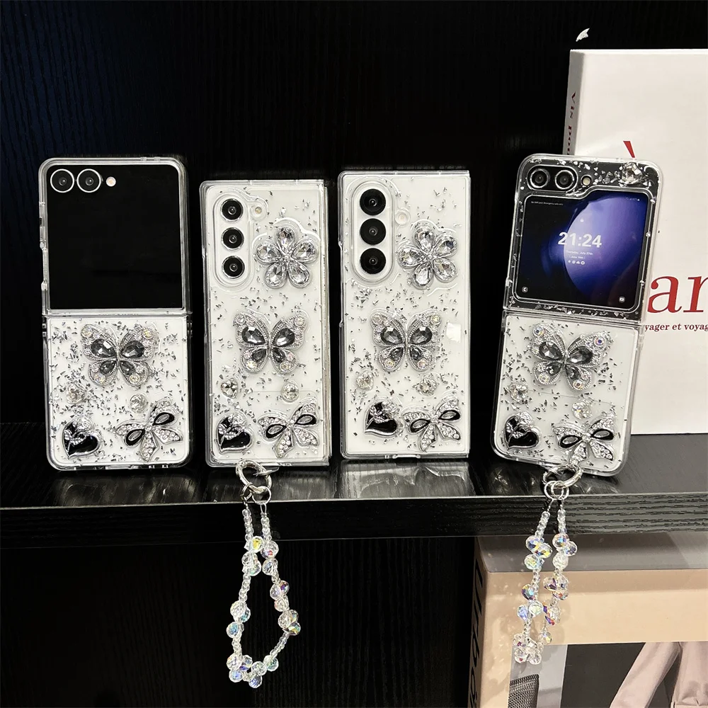 Elegant Stylish Black Silver Rhinestone Butterfly Phone Case for Samsung Galaxy Z Fold 7 Bead Wrist Strap Cover for Z Flip 7-3