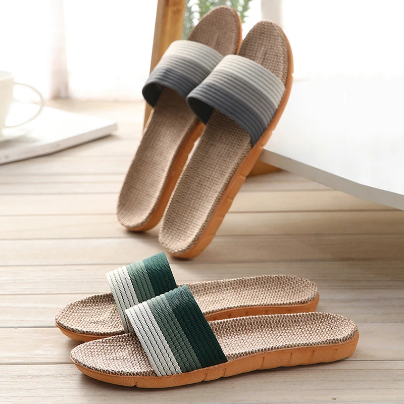 Summer Men Linen Slippers Beach Sandals Breathable Flat Shoes Striped Sandals Fashion Household Slippers Flip-Flops Shoes Slides