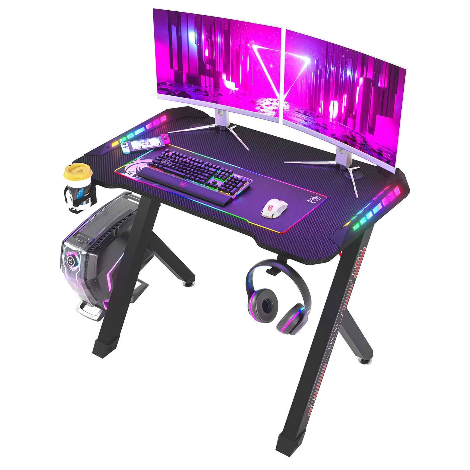 Dynamic RGB LED Lights Gaming Desk, Mesa robusta para PC, Pernas de metal espessadas estáveis, Superfície De Fibra De Carbono 3D