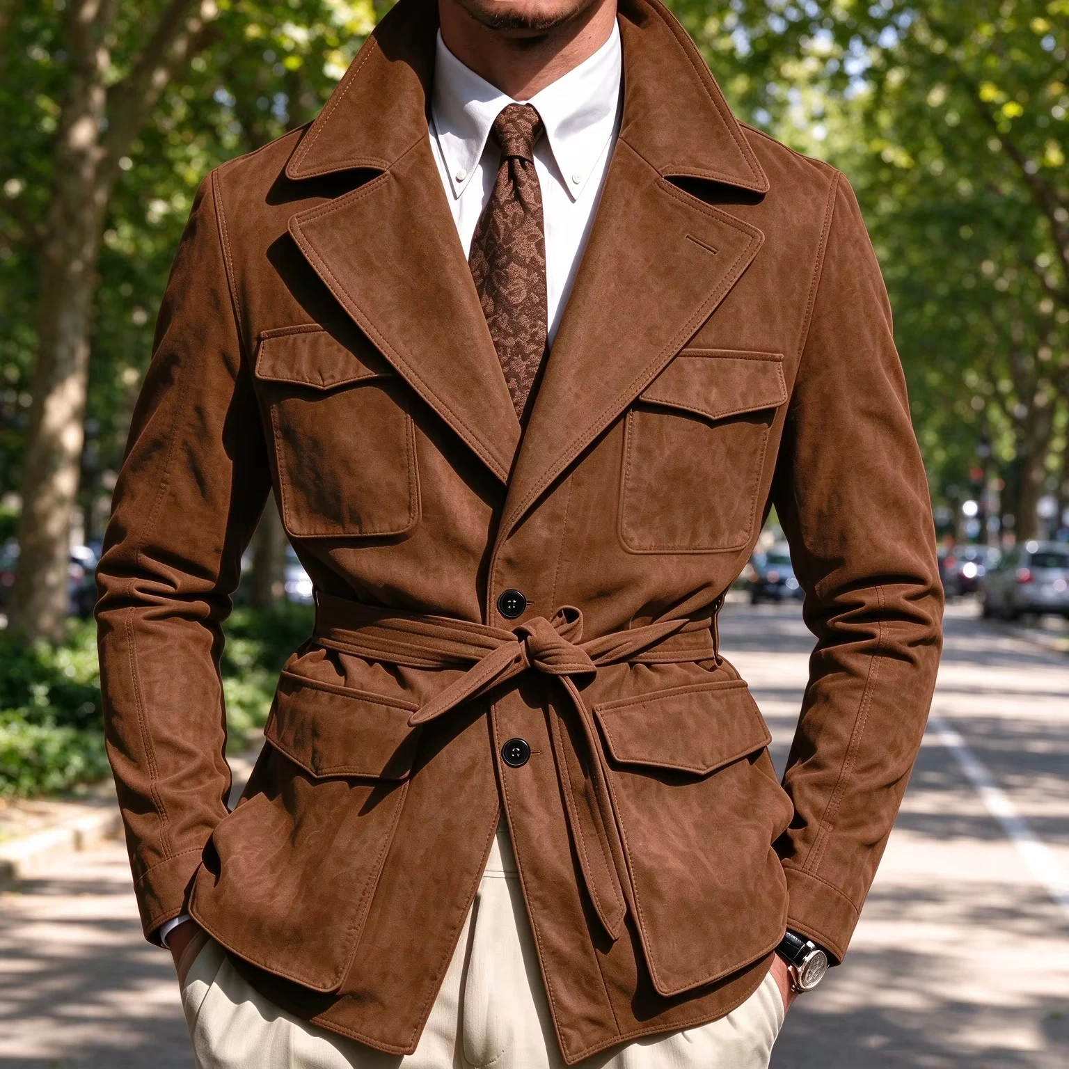 Men's Suede Safari Jacket With Belt Notched Lapel Multi Pockets Casual Blazer Slim Fit Business Outerwear Autumn Winter