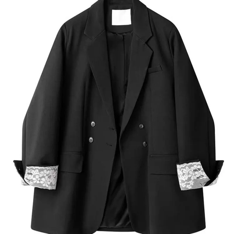Luxury Gray Black Blazer Women's Lace Patchwork Design Coat Office Ladies Jacket Long-Sleeve Top Spring Autumn Casual Outerwear