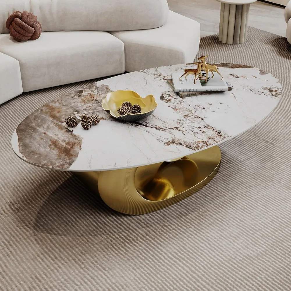 Mesa de centro moderna de pedra oval com base de metal dourado - Peça central elegante para salas de estar elegantes - 55,1" Lx31,5 Lx16 H