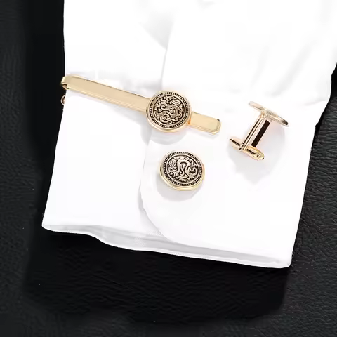 Funny Mens Round Dragon Pattern Design Cufflinks&amp;Tie Clip Set Formal Party Golden Jewelry Accessories