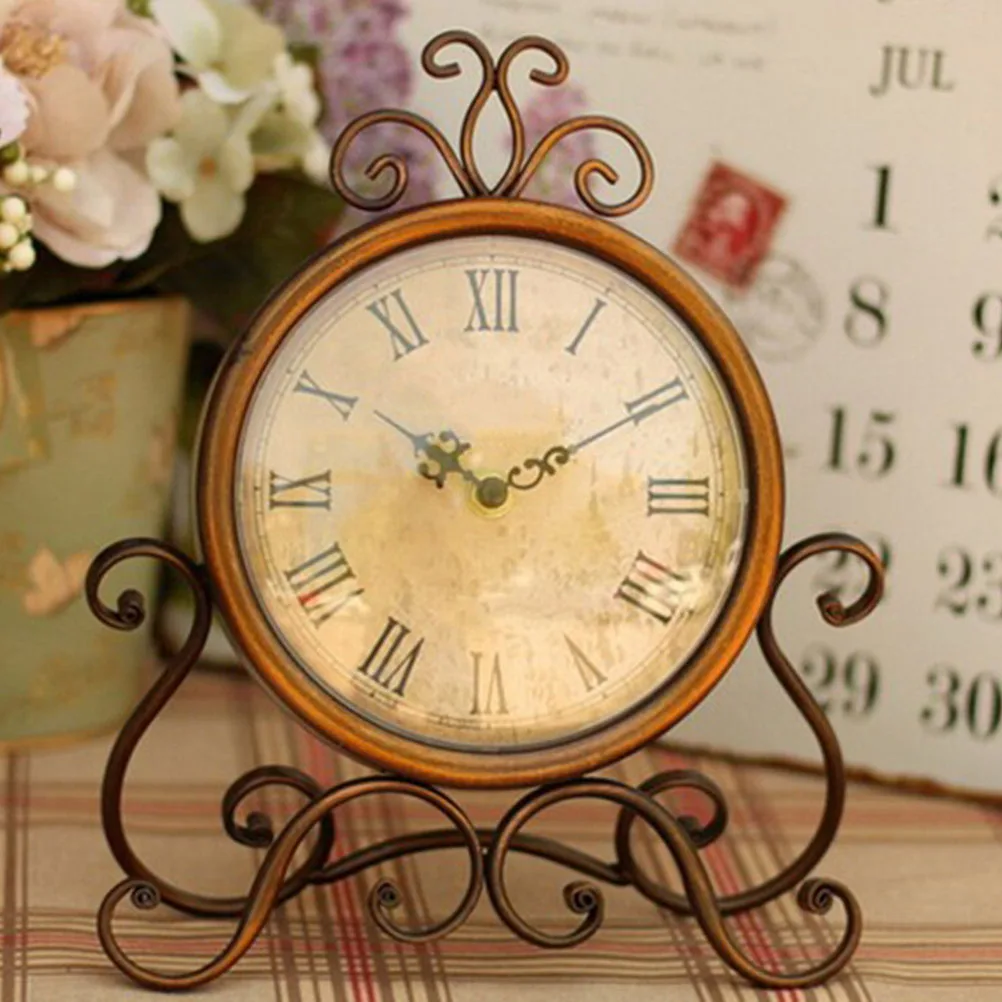 

Vintage Desk Clock Home Decor Non Ticking European Style Retro Quiet Accurate Quartz Clock Rounded Design Desktop for Family