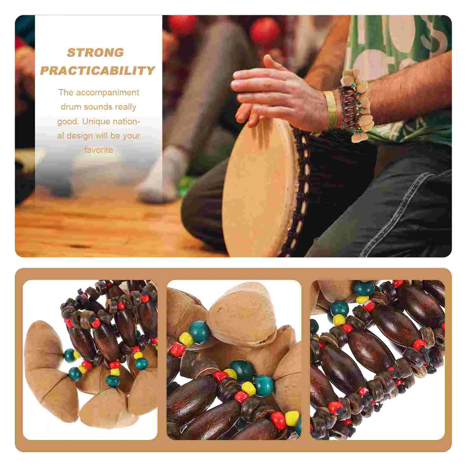 Nutshell Tambourine Bangle Instrument Toy Bell Creative Djembe African Tribal Style Drum Wooden Wrist Hand Child