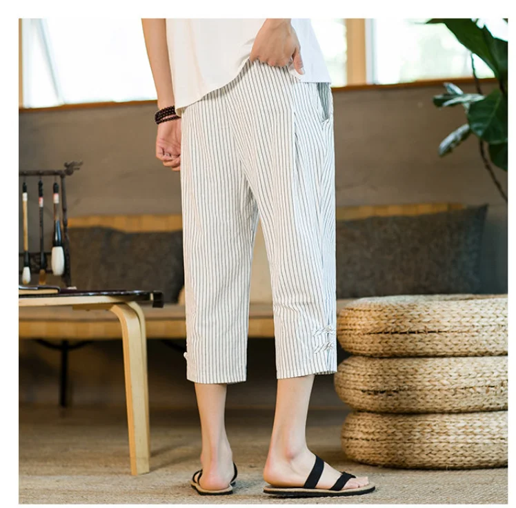 Summer Disc Buckle Striped Harem Pants Mens Breathable Cotton Linen Pencil Pants Buckle Casual Cropped Pants