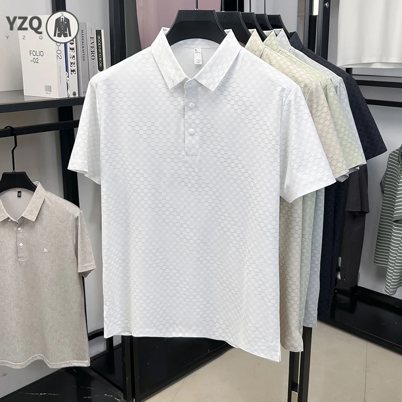 Lightweight ice silk jacquard polo t shirt three button lapel allover micro grid breathable anti sweat driving apparel