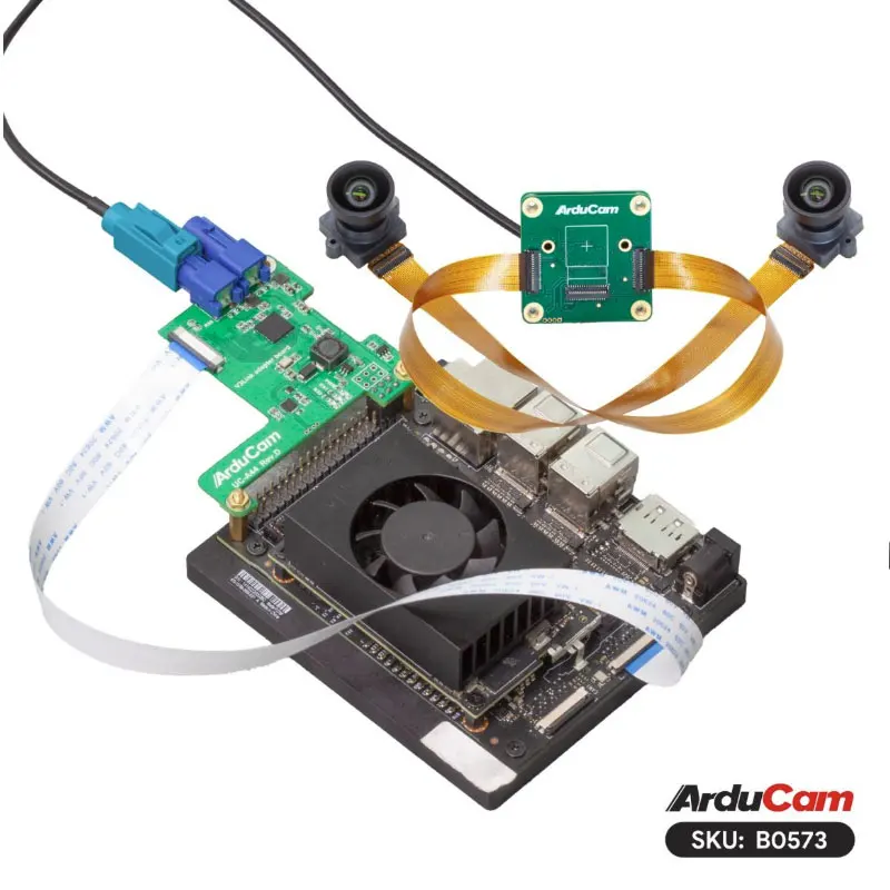 مجموعة كاميرا NVIDIA Jetson Orin Stereo - مصراع عالمي مزدوج 2.3 ميجابكسل، GMSL2 15 مترًا، ISP على متن الطائرة لرؤية الروبوتات/الآلة