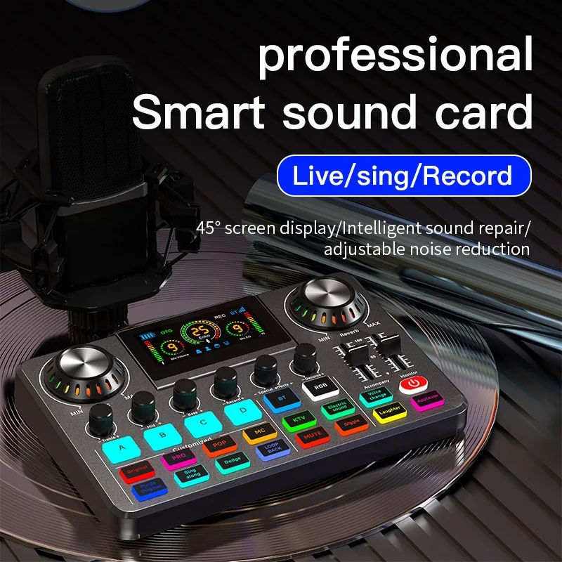 F668 Scheda audio dal vivo mixer transfrontaliero registrazione computer canto riduzione del rumore banda di frequenza gioco con funzioni personalizzate