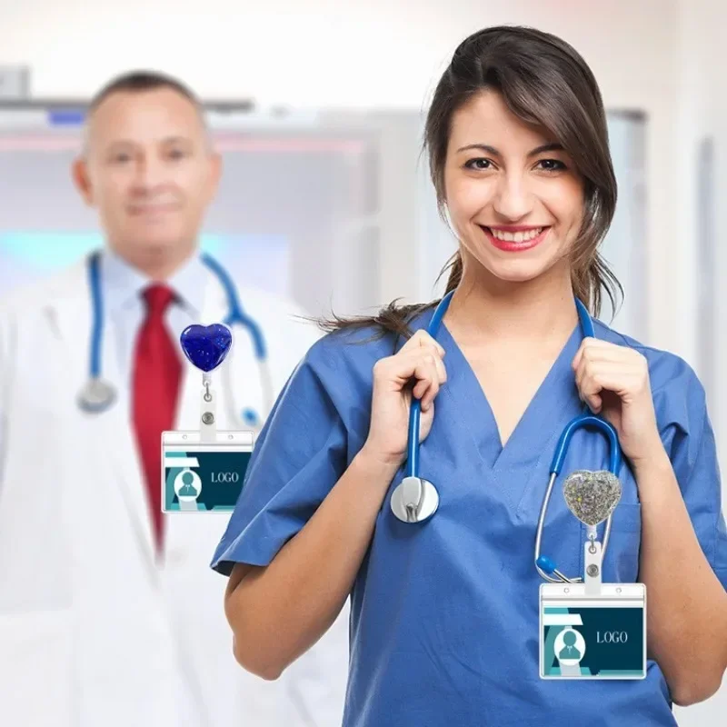 Glitter Heart Retractable Badge Reel Rotating Alligator Clip Badge ID Tag Working Permit Clip Retractable Pass Work Card Clips