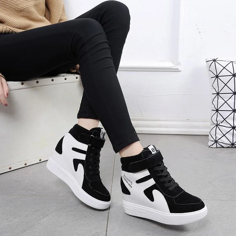 Women's Platform Clunky Sneakers Hidden Heel Shoes Hook Loop Lace-up Casual Shoes Fashion Thick-soled Height Increasing Shoes