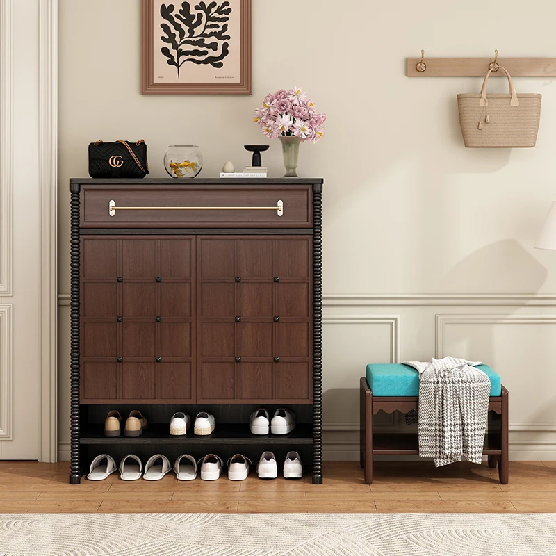 

wood shoecabinet integrated against the wall into the living room home multi-functional locker