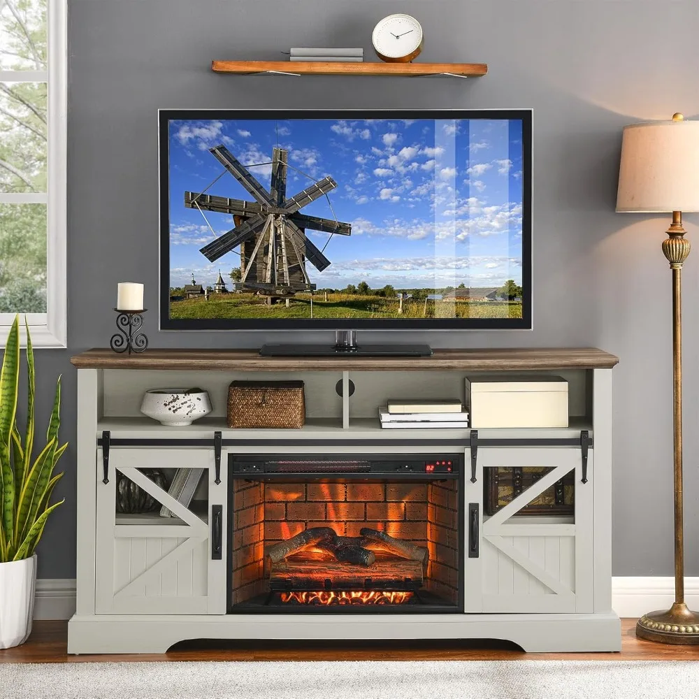 Fireplace TV Stand with Sliding Barn Door for TVs Up To 73