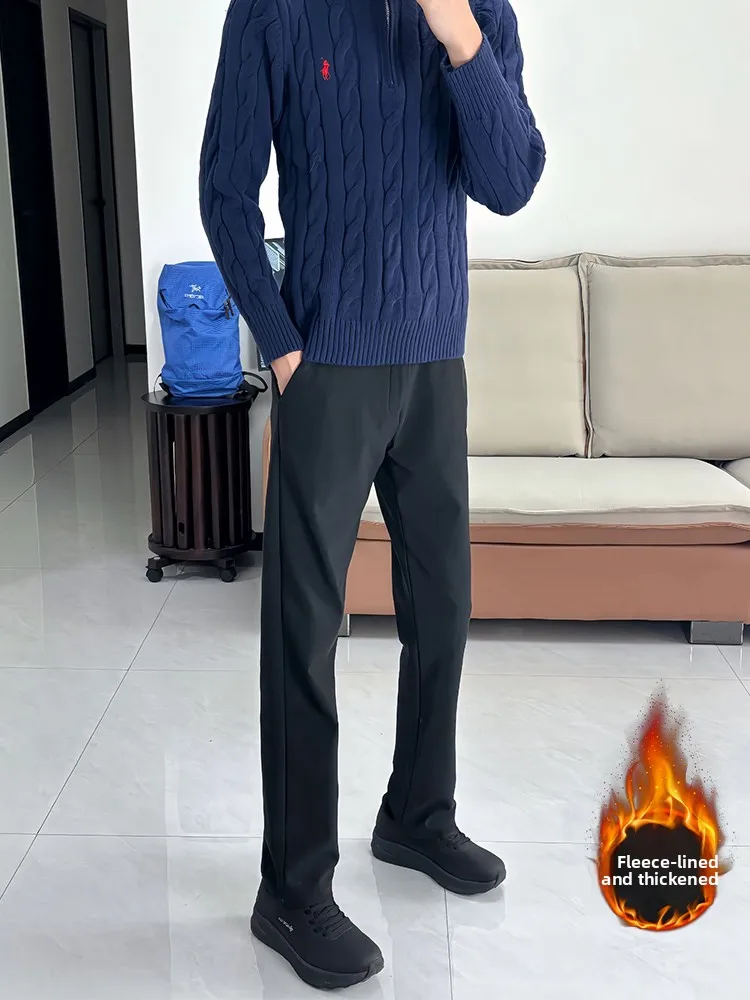 

Bla American Sle Straight Leg Casual Pants Men's Autumn Winter Fce Lined Slimming Tapered Trousers mid Waist Zipper