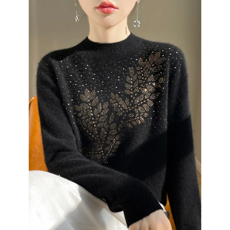 

Женский свитер со стразами и листьями, осень-зима 2025 года, темпераментное пальто, бархатный пуловер Энди с полувысоким воротником, женский трикотаж, топ