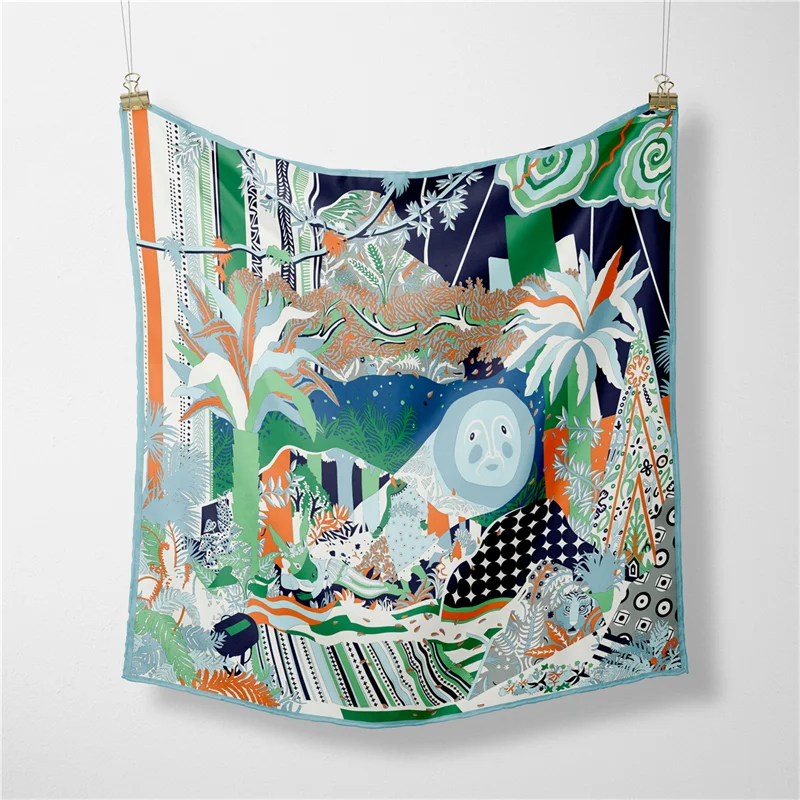 53 سنتيمتر ماركة مربع وشاح المرأة موضة حك 100% وشاح حريري شال تصميم الحجاب باندانا فولارد نبات الغابة الشمس رئيس منديل