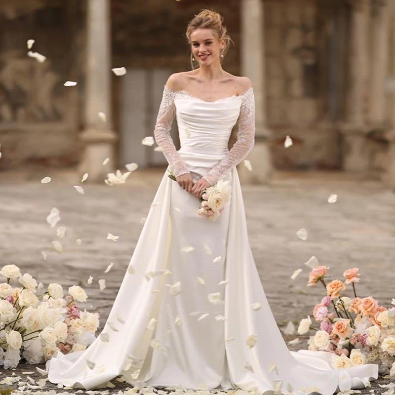 Abiti da sposa a sirena eleganti ottalbero 2023 abito da sposa a maniche lunghe in pizzo con spalle scoperte abiti da sera bianchi Plus Size