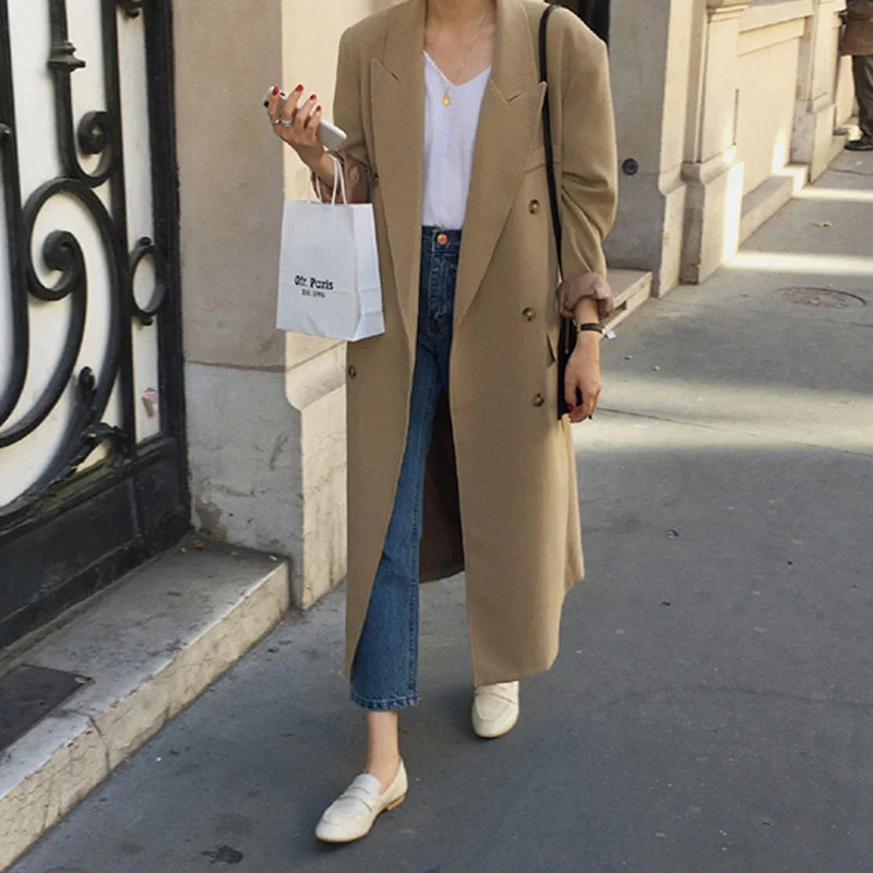 

Korea Chic Temperament Khaki Blazer Women's Autumn 2022 New Notched Loose Double Breaste Long Sleeve Long Suit Jacket M039