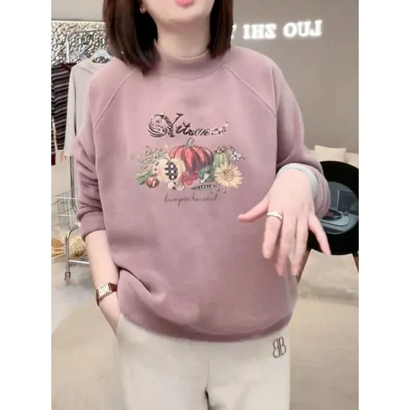 

Double-sided Australian Velvet Hooded Round Neck Pullover Sweatshirt for Women Embroidered Warm Plus Velvet Thickened Loose Top