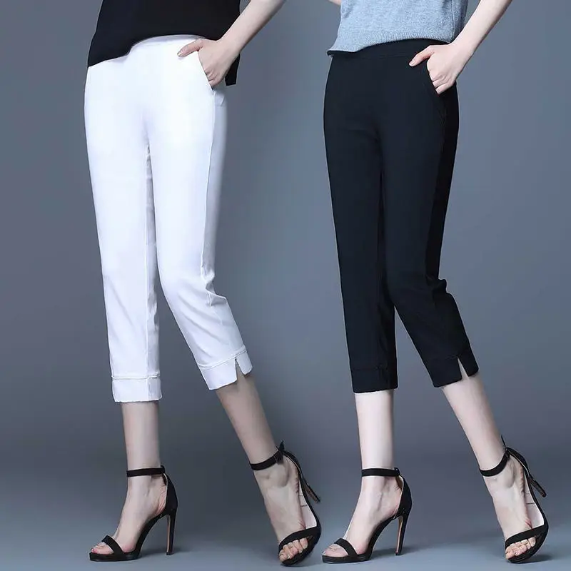 Pantalones sencillos de oficina para mujer, pantalón informal de cintura alta y elástica, Color liso, con bolsillos, novedad de verano, 2023