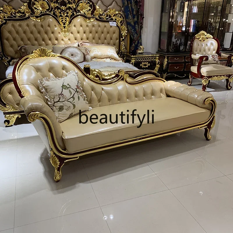 

French solid wood leather chaise longue, European luxury carved beauty couch neoclassical recliner bedroom2936