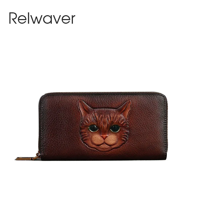 Relwaver natural cow leather wallet cat embossing genuine leather clutch wallet 2023 autumn winter zipper long wallet for women