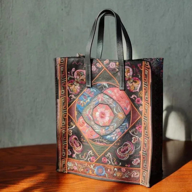 

Original women's handbags Designer luxury bag Double embroidery Cotton hemp totes bag Vintage leather square bag