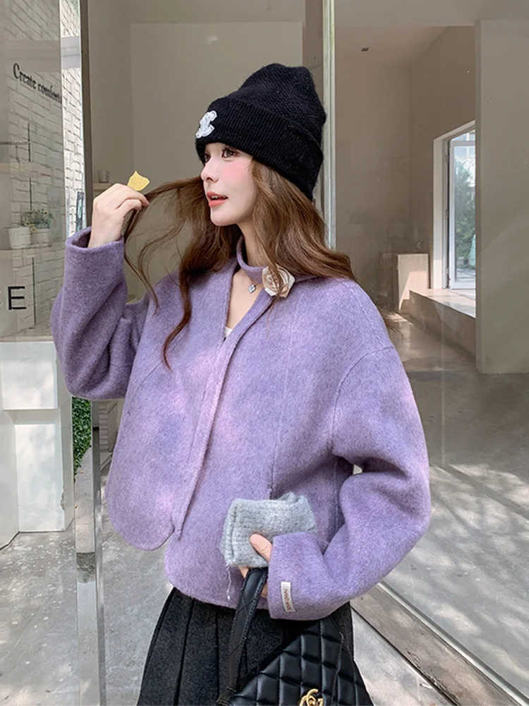 Lila Schöner Blumen-Seidenwollmantel für Damen, Herbst-Winter Neuheit, Doppelseitiger Kamerarock-Pullover, Koreanischer Stil für Pendler