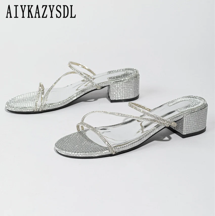 AIYKAZYSDL Crystal Rhinestone Slippers Cuban Block Thick Heels Fashion Women Slides Mules Narrow Band Flip Flops Gold Silver