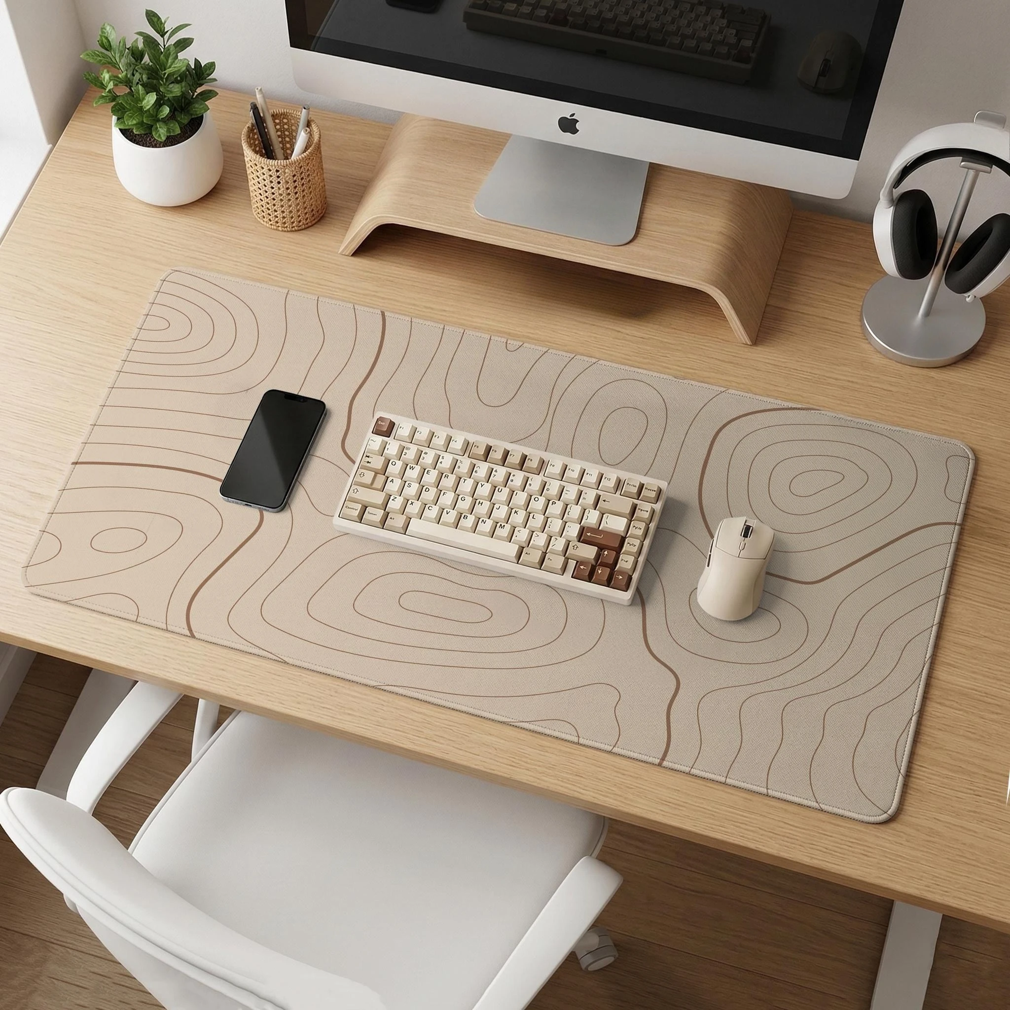 Beige Topographic Desk Mat Neutral Line Deskmat Mousepad Extended Keyboard Mouse Pad Extra Large Office Desk Setup Mat For Work