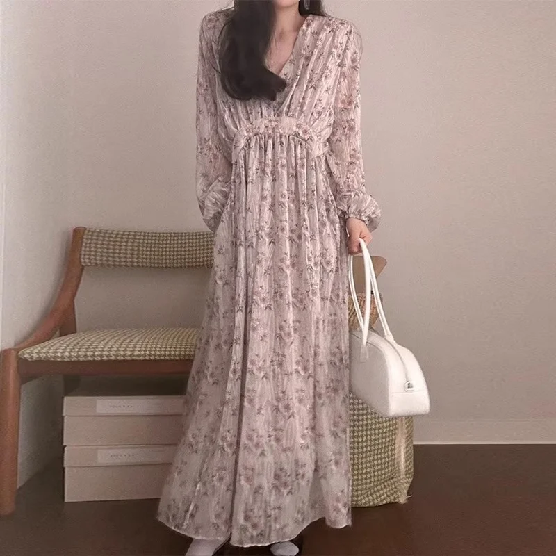 Chic Spring New Retro V-ne Dstring Waist Cinched Floral Print Dr Women's Korean Sle Bubble Sve ort Skirt