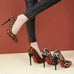 Red Rubber Bottom High Heels Shoes Women Pumps Flock Leopard Print Sexy Stilettos Party Heeled Designer Shoes Plus Big Size  43