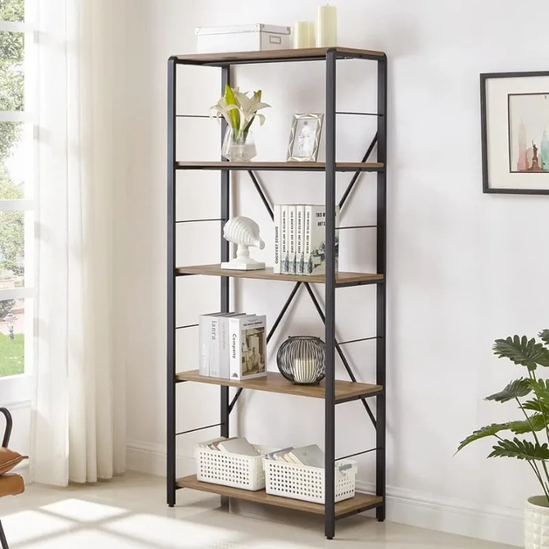 FOLUBAN 5 Tier Tall Bookshelf, Industrial Vintage Book Shelf, Rustic Wood and Metal Bookcase for Home Office Bedroom, Oak