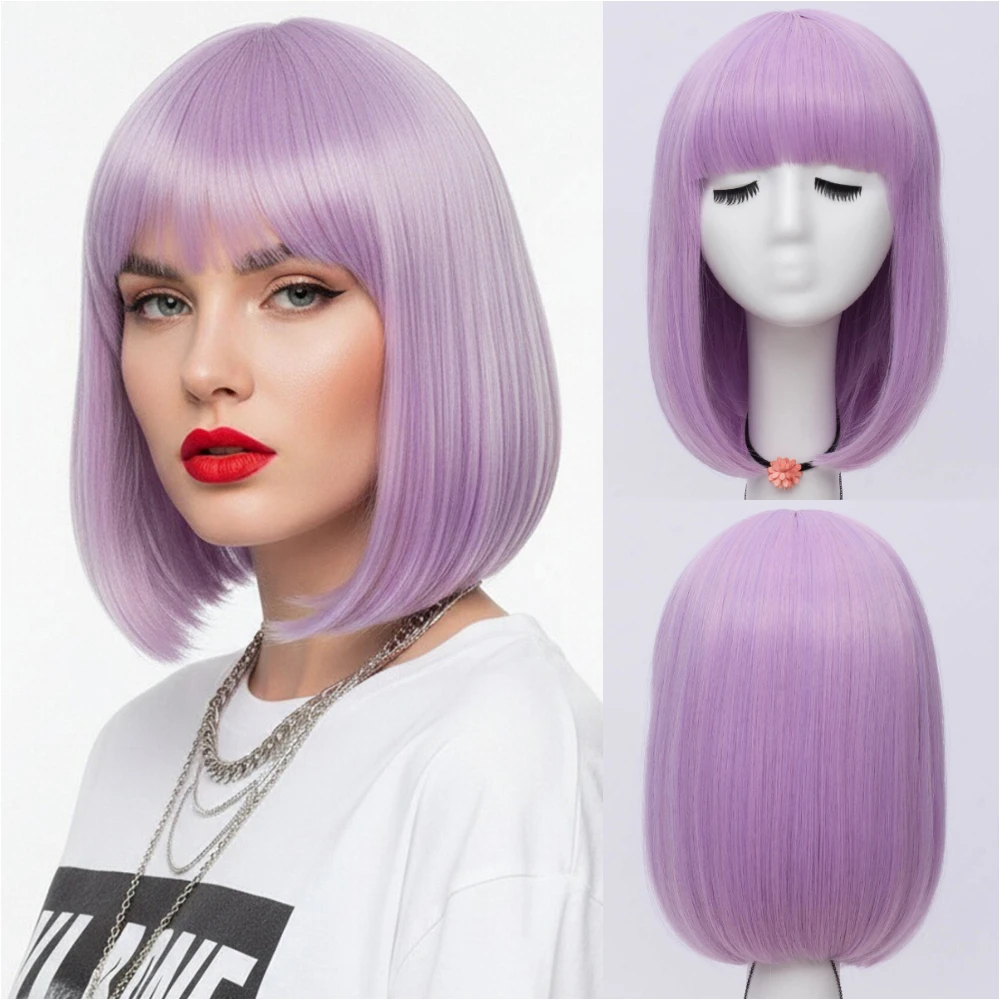

Heat Resistant Short Straight Purple Wig With Bang Women’s Synthetic Fiber for Lolita Cosplay Halloween Christmas & Casual Glam
