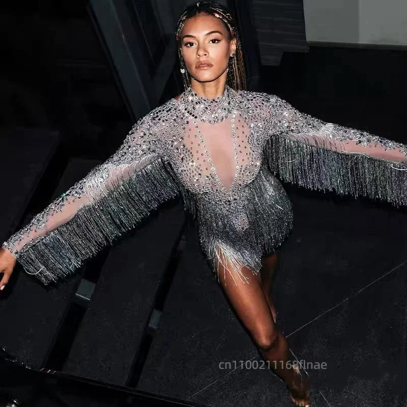 

Костюм для латиноамериканских танцев с бахромой, стразами и сетчатыми вставками, с длинными рукавами, облегающий, модный, для сцены и подиума