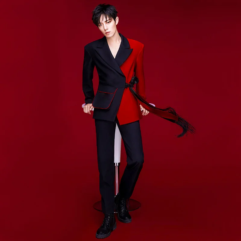 Red Black Patchwork Slim Fit Suits with Tassel Belt Host Singer Show Stage Costume Men's Blazer Pants Set