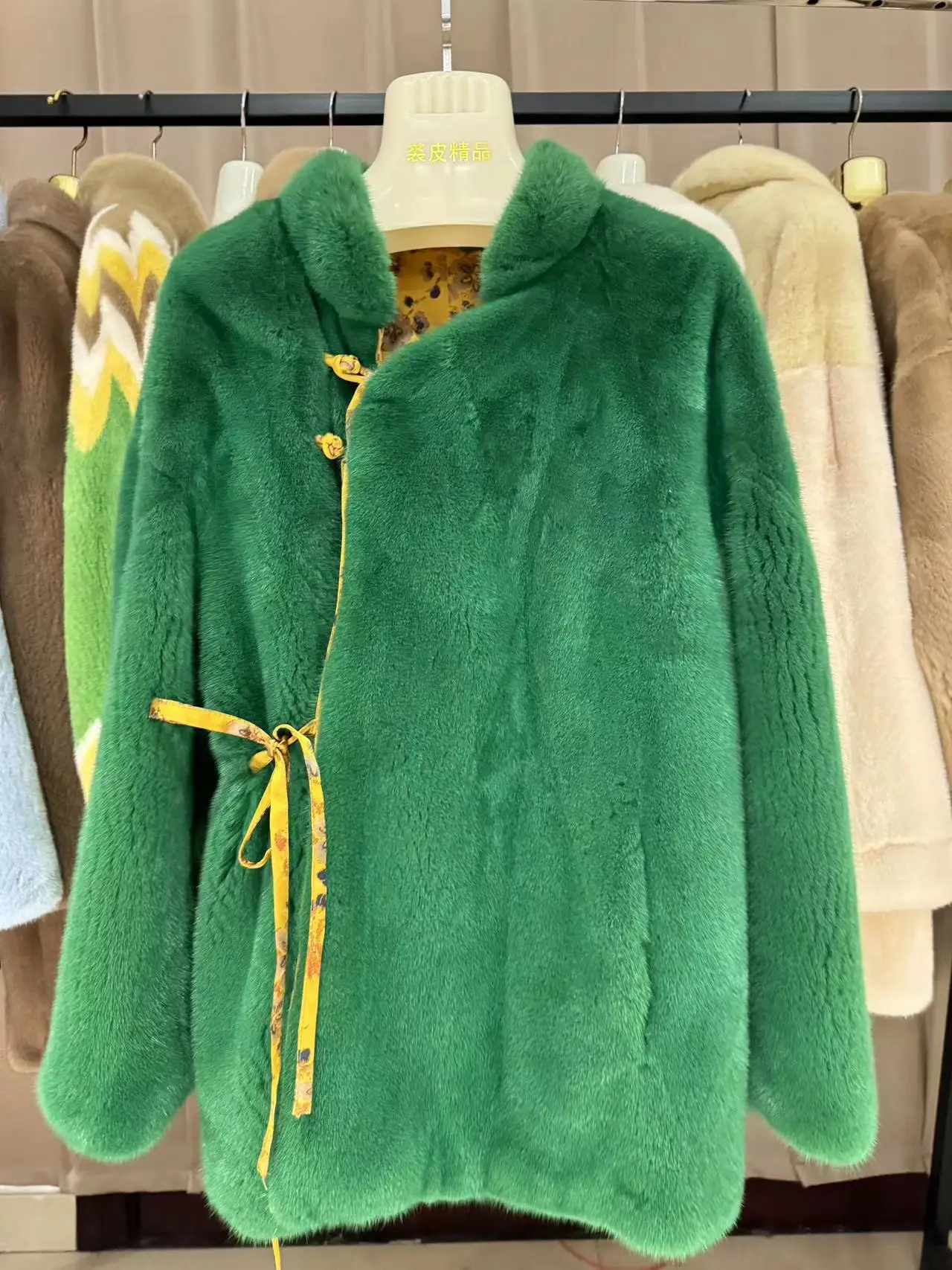 2024 NEW fashion real natural mink fur coat women middle length green color fur coat