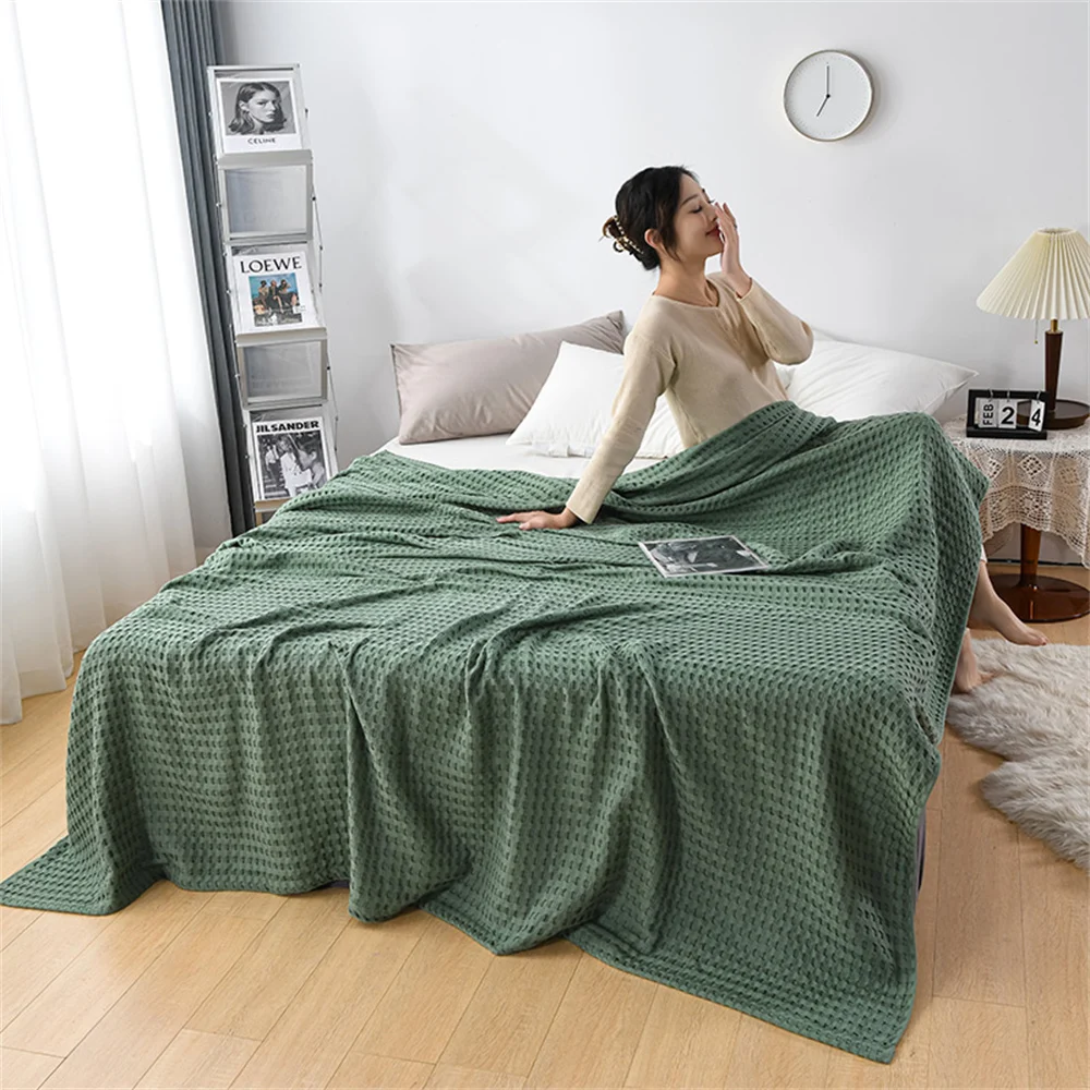 

Pure Cotton Waffle Plaid Blanket Luxury Travel Shawl Throw Blanket Knitted Thin Quilt Soft Cozy Sofa Cover Bedspreads On the Bed