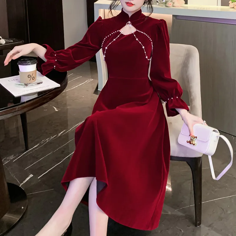 Women 2023 New Winter Elegant Luxury Pearls Velvet Long Dress Long Sleeve Festival Prom Party Midi Dresses Female Y2K Clothing