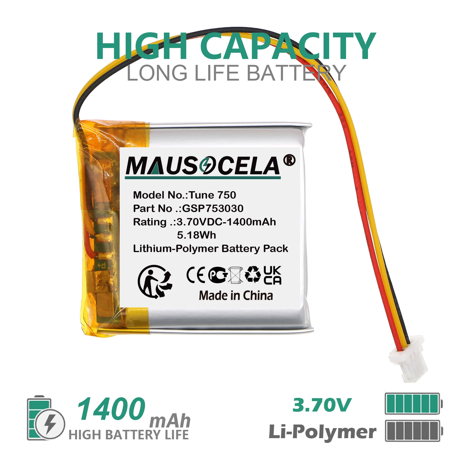 

1400mAh Wireless Headset Battery For JBL:GSP753030,Tune 750,Tune 750BTNC,Tune 700BT,+Toolkit--Li-Polymer--3.70V--1400mAh/5.18Wh