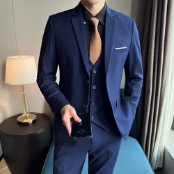 Men (suit + vest + trousers) fashion new trend slim-fit business casual solid color British party wedding dress three-piece set