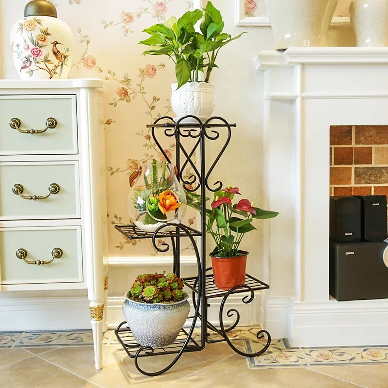 European Iron Multi-Tiered Flora Platform Crane Balcony Rack Indoor Living Botanic Pot Shelving Aesthetic Plant Stand