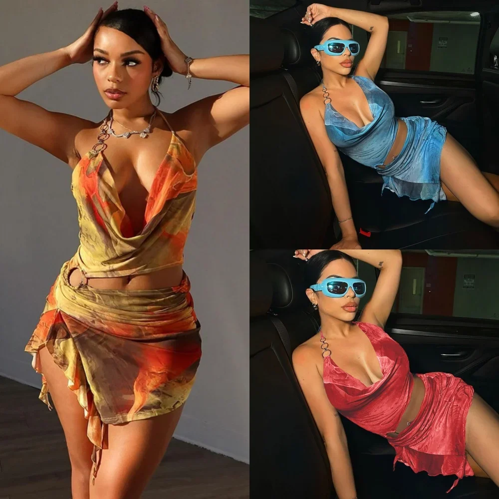 여성용 홀터넥 로우컷 허리 컷아웃 숏 드레스 여름 보헤미안 슬리브리스 백리스 메탈 링 플리츠 비치 드레스 파티 클럽