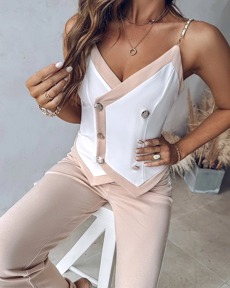 Two Piece Set Women Outfit Summer Fashion Double Breasted Chain Strap V-Neck Cami Top & Casual Daily Straight Leg Pants Set