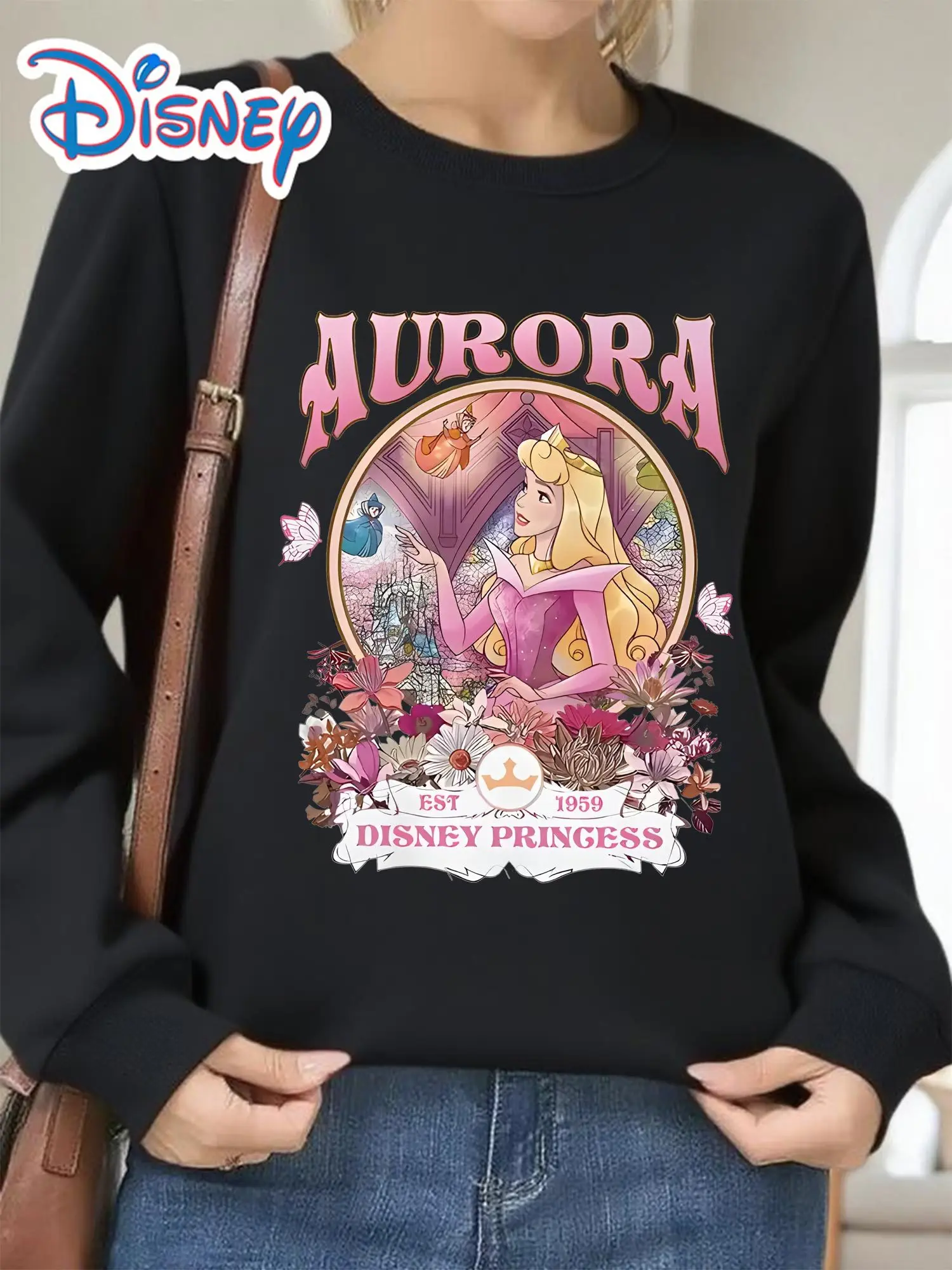 سترة الأميرة أورورا النسائية للخريف/الشتاء، قلعة الجمال النائمة ونمط أورورا، سترة مريحة برقبة دائرية