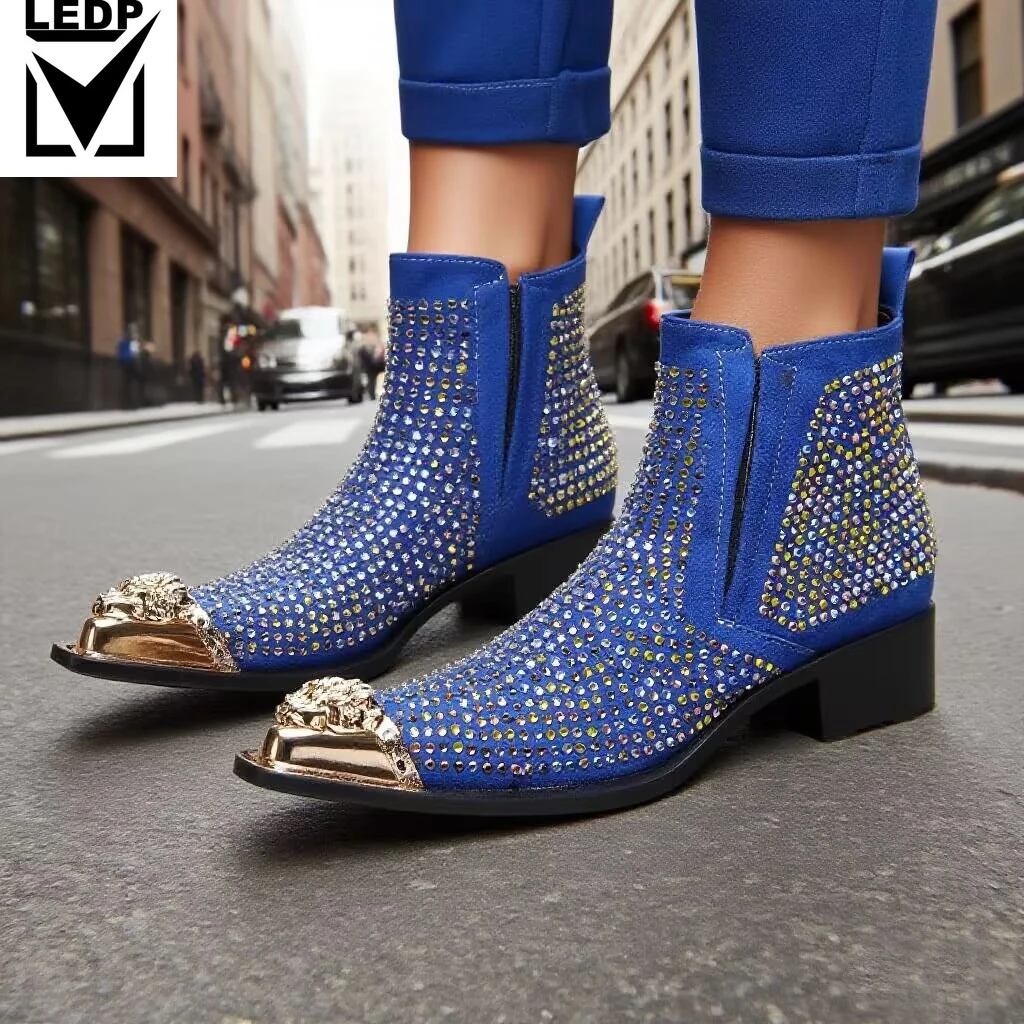 Glittering Rhinestone Suede Men's Boots Trendy Stage Performance Style Attention-Grabbing Personality Professional Atmosphere