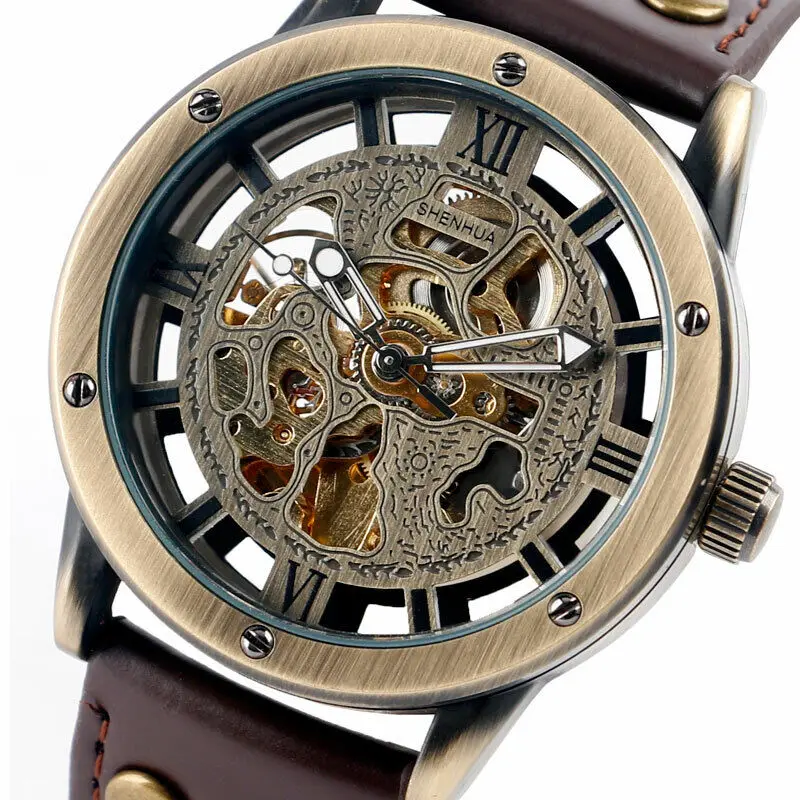 

Ретро бронзовые тонные механические часы со скелетом, мужские автоматические часы с автоподзаводом, коричневый кожаный ремешок, спортивные часы Relogio Masculino