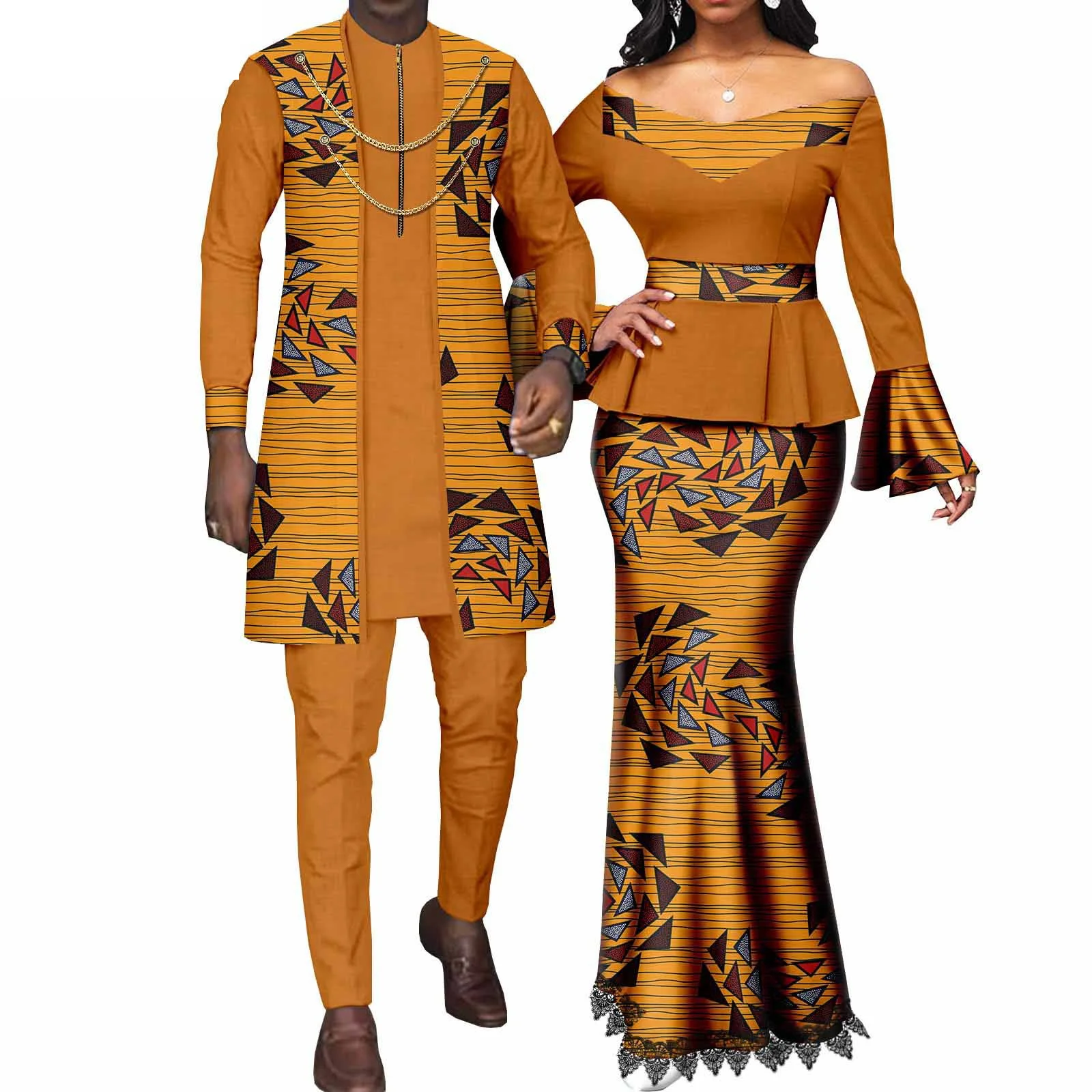 African Couple Matching Clothes for Wedding Women Slim Mermaid Dress Bazin Riche Men Coat Top Pant 3pcs Sets Dashiki Outfits