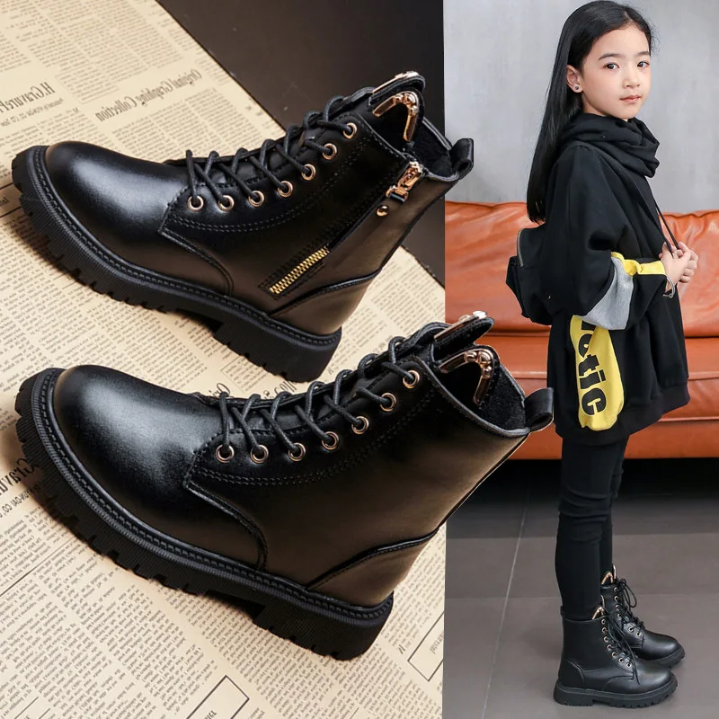 

Winter New Children Girls Short Boots British Style High-Top Boots Kids Shoes Little Girls PU Leather with Fleece Single Boots