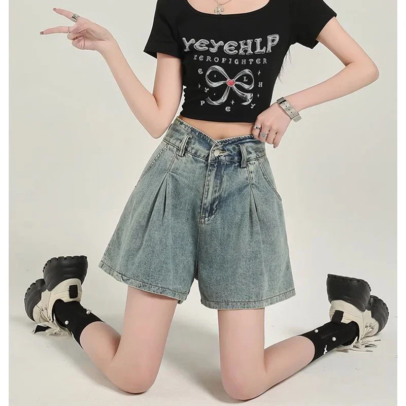 Summer Female Designer Thin Jeans Girls Chic High Waisted Short Pants Lady Korean Baggy A-line Denim Pants